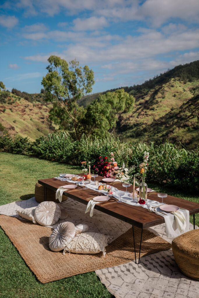 A pink and white table picnic setup with pillows and rugs on the grass in a green mountain setting wedding venue in Hawaii.